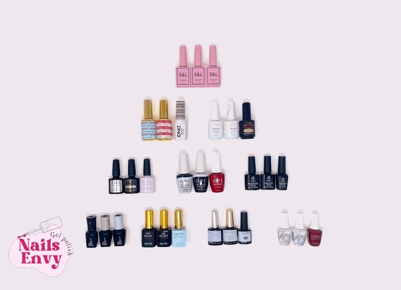 Various gel nail polishes displayed, indicating different brands vying for the title of the best gel nail polish.