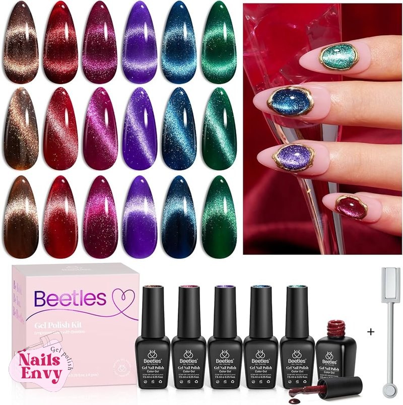 Beetles Fall Cat Eye Gel Polish Set Beetles Fall Cat Eye Gel Nail Polish Set, 6 Colors Glitter Gel Polish Kit | Red Pink Shiny Brown Burgundy Purple Blue Green Magnetic Effect Sparkle Stunning Soak Off UV Manicure