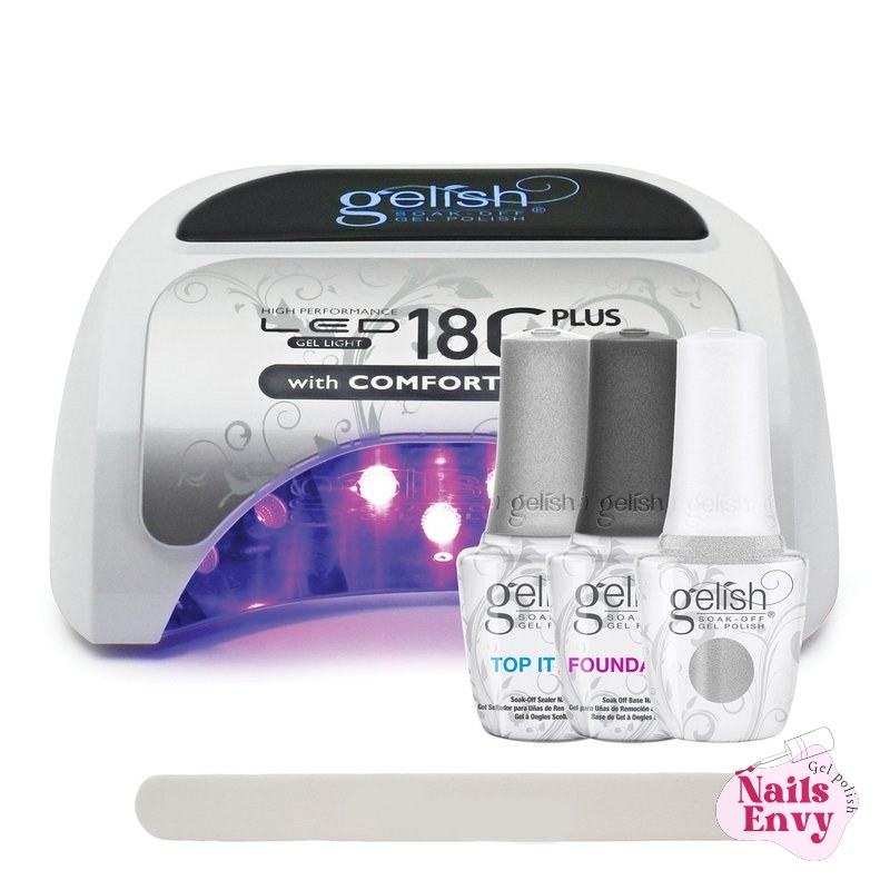 Gelish 18G Plus LED Light with Silver Metallic Soak-Off Gel Polish + Top and Base Coats