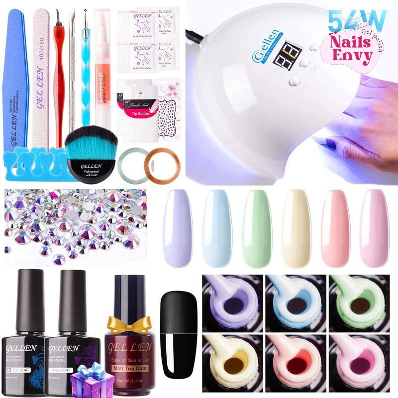 Gellen Gel Nail Polish Starter Kit with 54W UV Light, 6 Colors Pinks and Glitters Gel Polish with Base and Top Coat, Soak Off Gel Polish Kit with UV