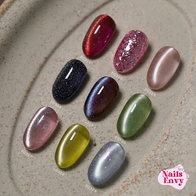 A set of FROM THE NAIL MEMORY BOX Magnet & Glitter Gel Set with 9 colors, showcasing Korean nail products.