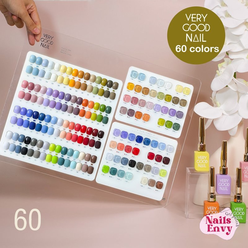 A variety of Very Good Nail Korean Gel Polish sets are displayed, showcasing vibrant colors and different finishes, perfect for exploring Korean gel nail polish options.