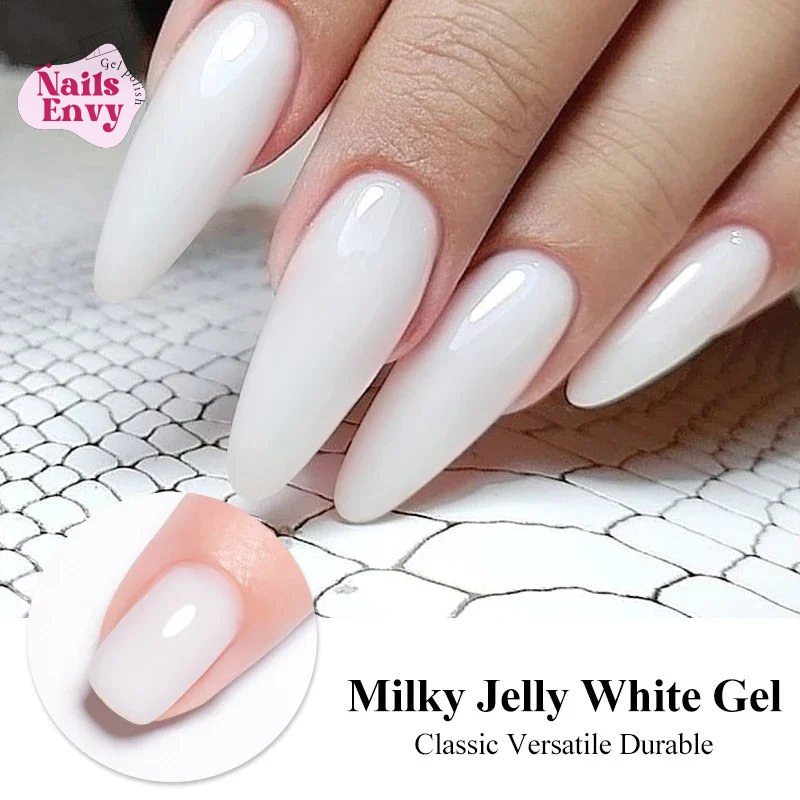 Opal jelly white translucent gel nail polish provides a delicate shine.