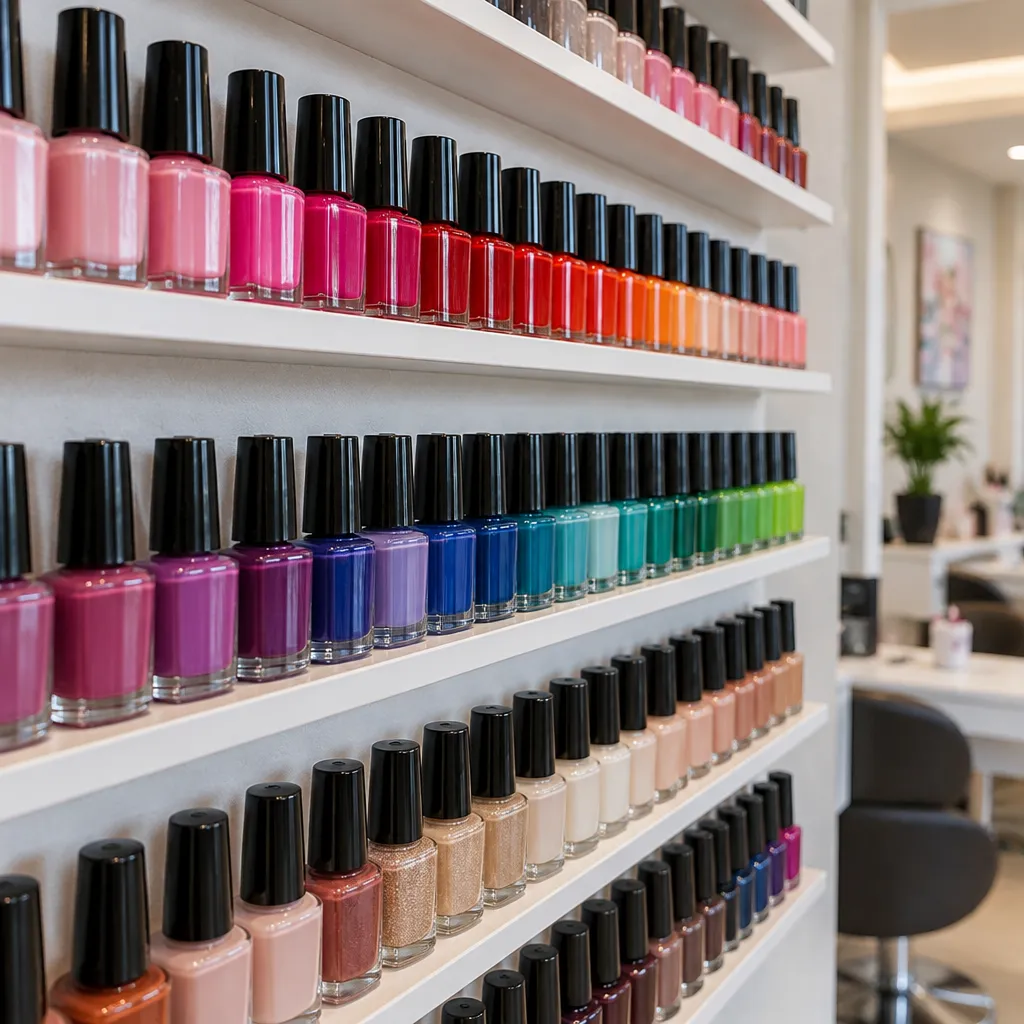 Colorful nail polish collection at Magic Nails salon.