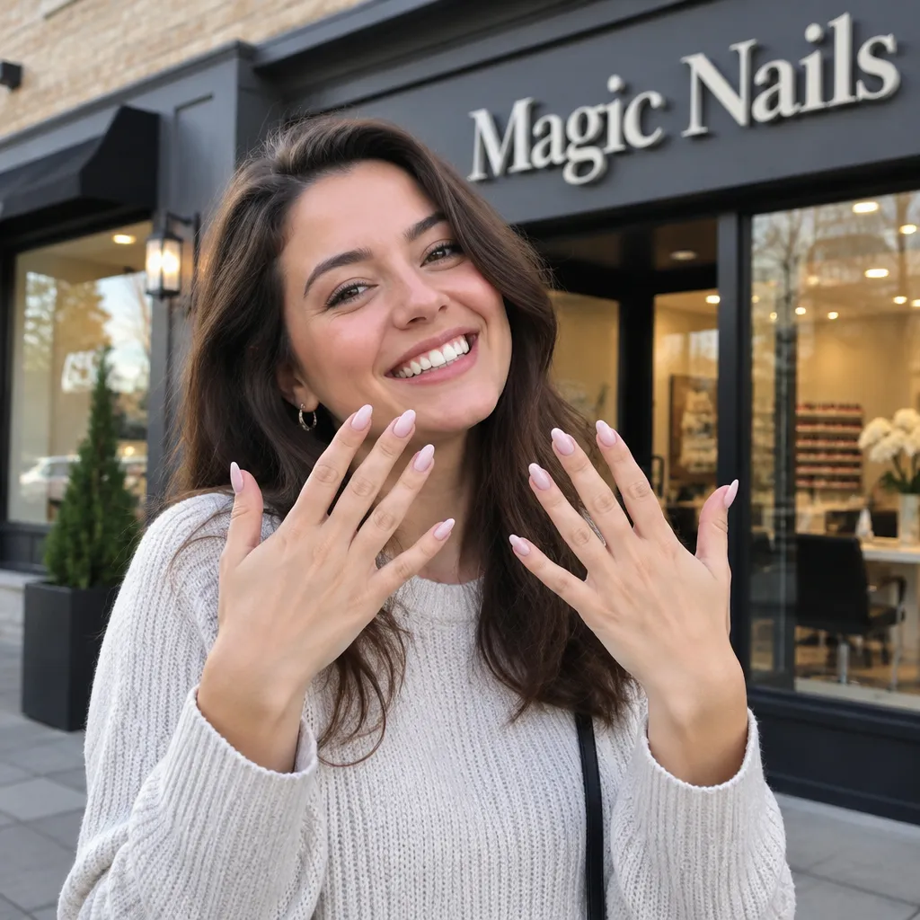 Client proudly displaying freshly manicured nails outside Magic Nails salon.