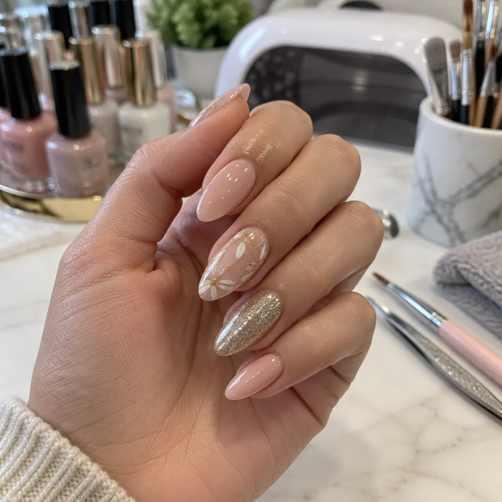 Essential Manicure Services to Experience in San Antonio Close-up of a manicured hand with gel polish and nail art, showcasing elegance and detail in a professional salon