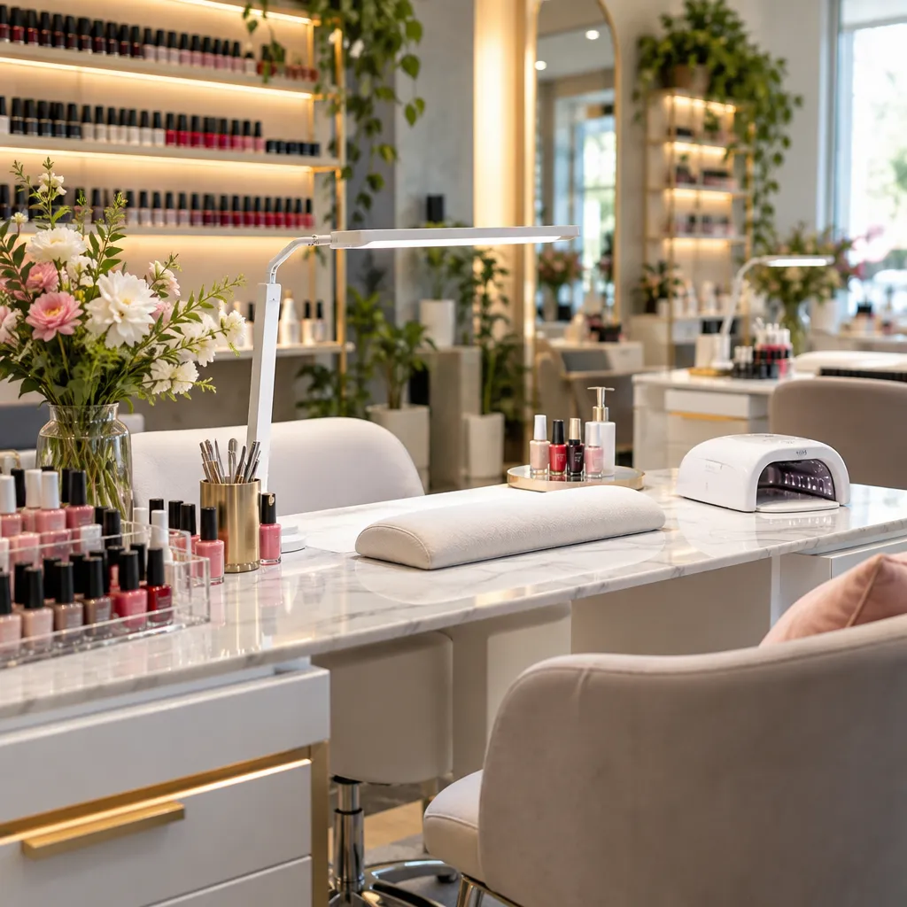 Essential Manicure Services to Experience in San Antonio Stylish nail station with an array of nail polishes and tools, ready for a comfortable manicure experience