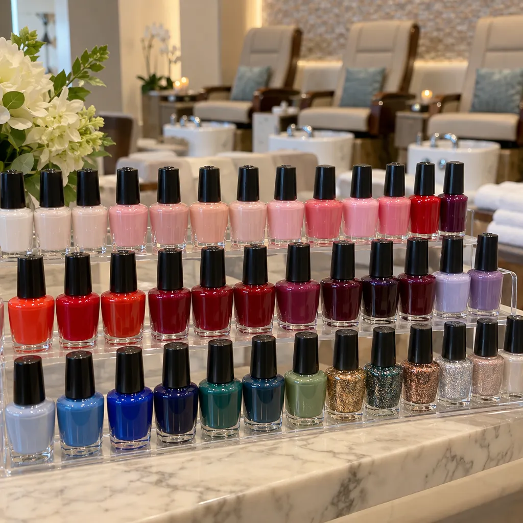 Discover the Luxury of a Pedicure at Beverly Day Spa Variety of nail polish colors for pedicures at Beverly Day Spa
