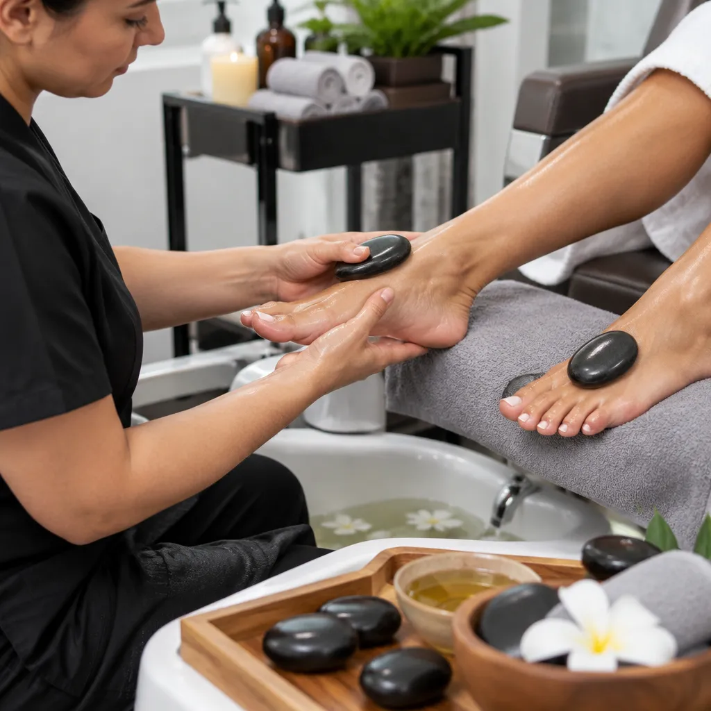 Top 5 Pedicure Services at Nail Salon Muncie Technician performing hot stone pedicure with care